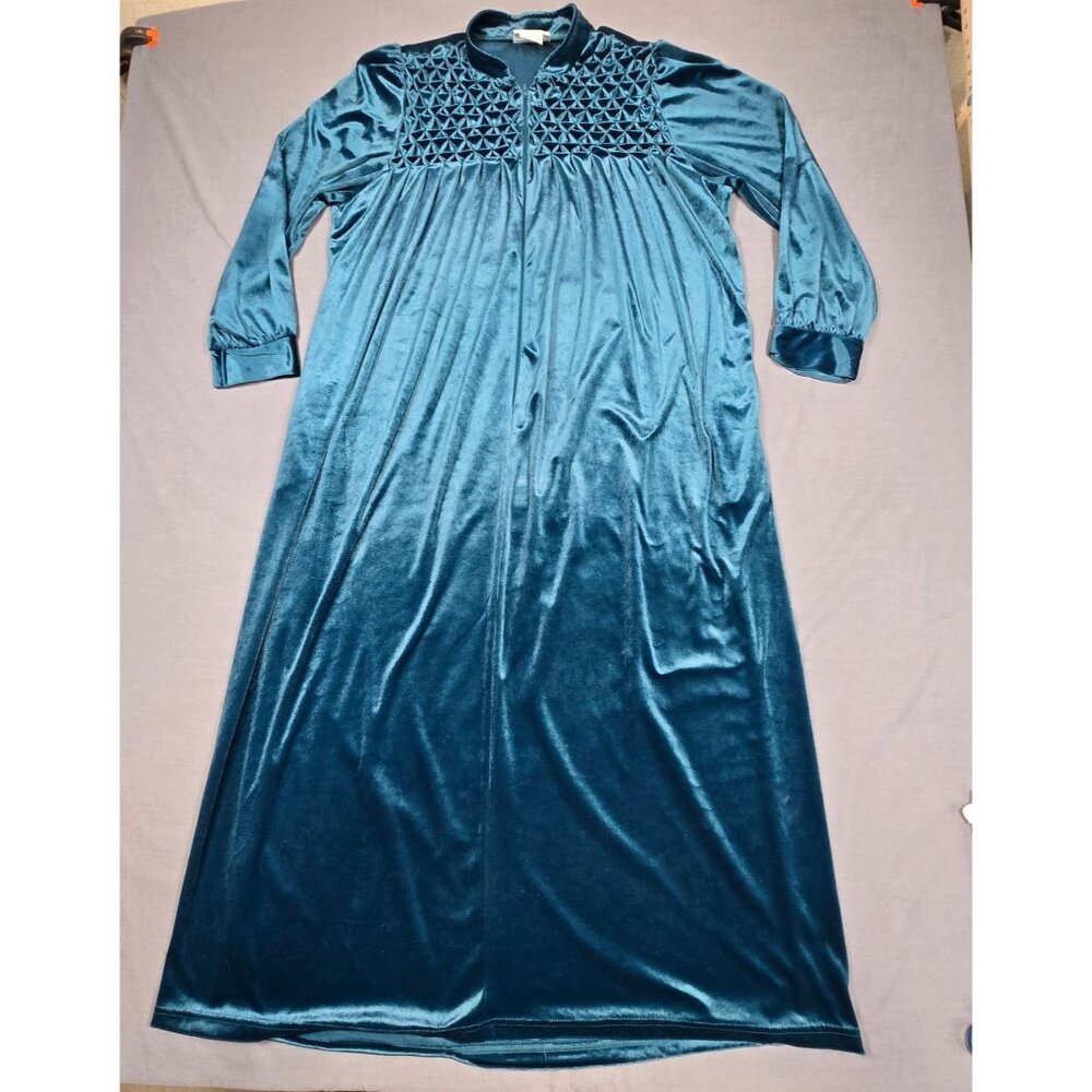 National M/L Long Teal Velvet Lounge House Dress Night Gown Embroidered Maxi